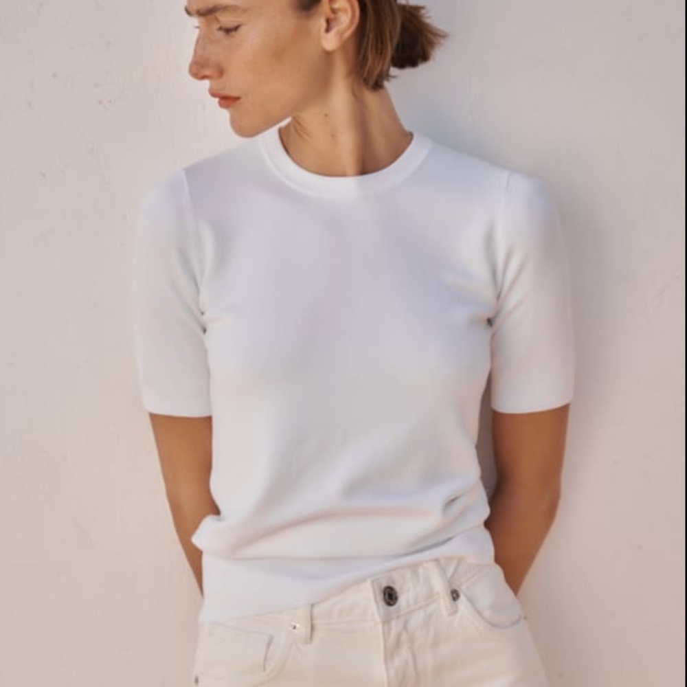 Zara Beige Basic Knit short sleeve sweater with gold buttons size S - Picture 1 of 9